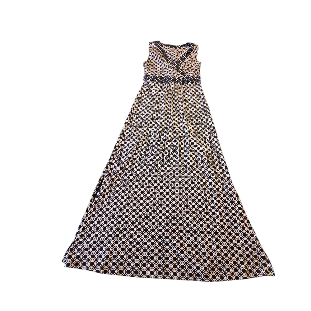 Lands' End Womens Navy Blue Pattern Tank Sleeve Vneck Maxi Dress Size M 10-12 D6
